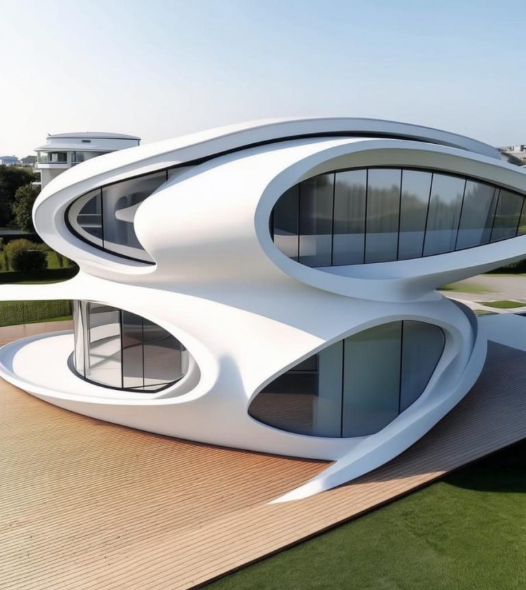 Futuristic white building with curved shapes and large glass windows in a green landscape.