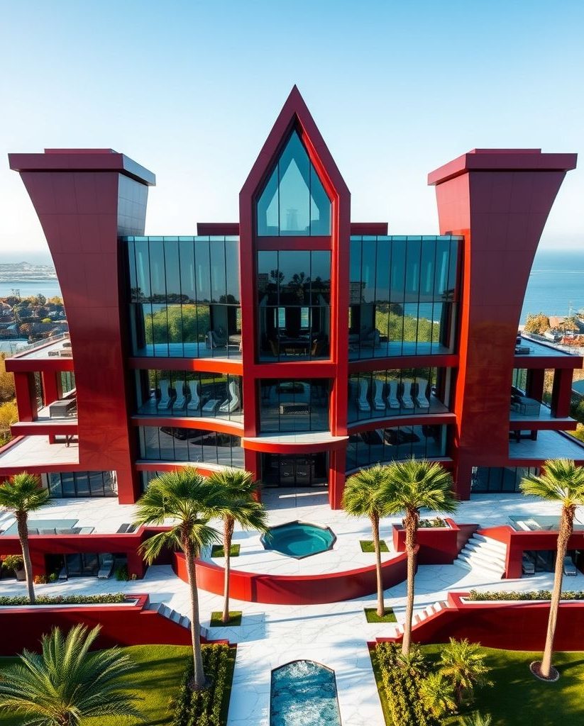 Modern red luxury mansion with distinct angular architecture and palm trees.