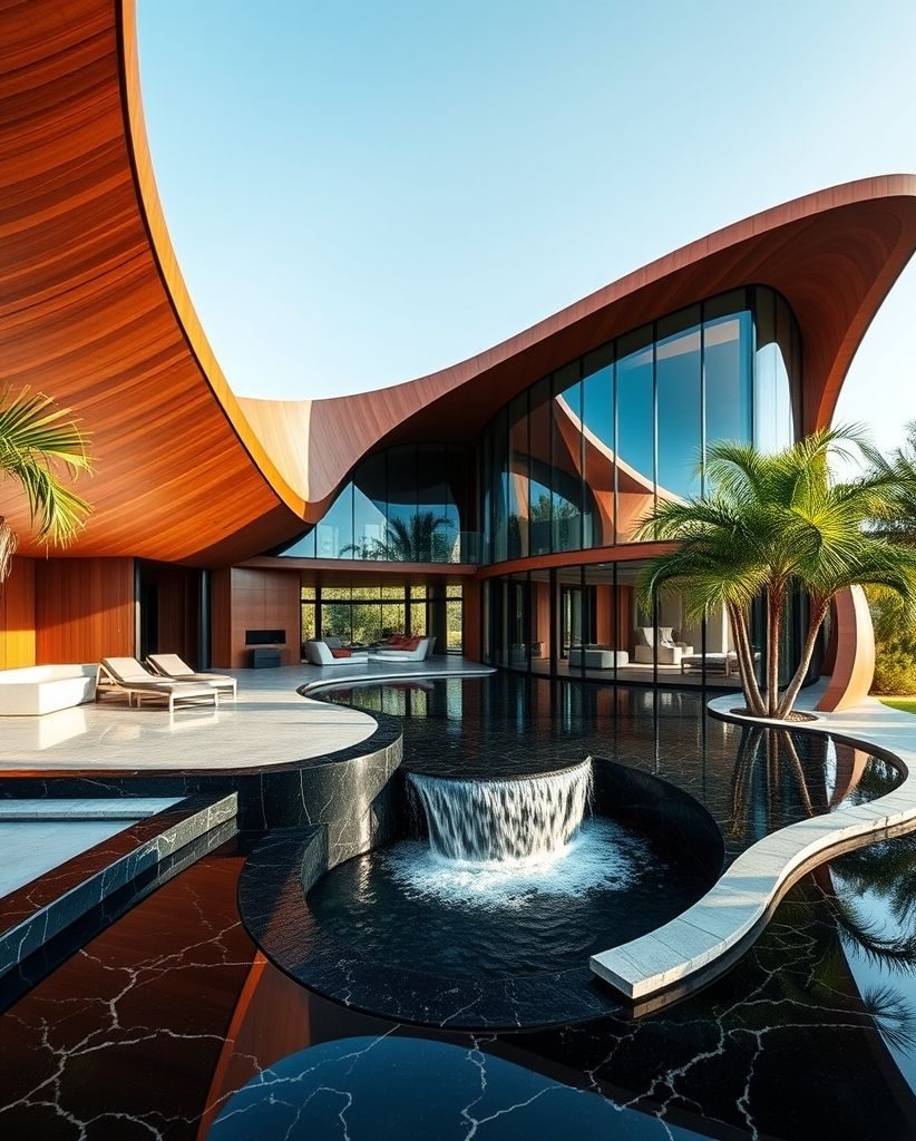 Modern luxury villa with curved architecture, reflecting pool, and lush tropical landscaping.