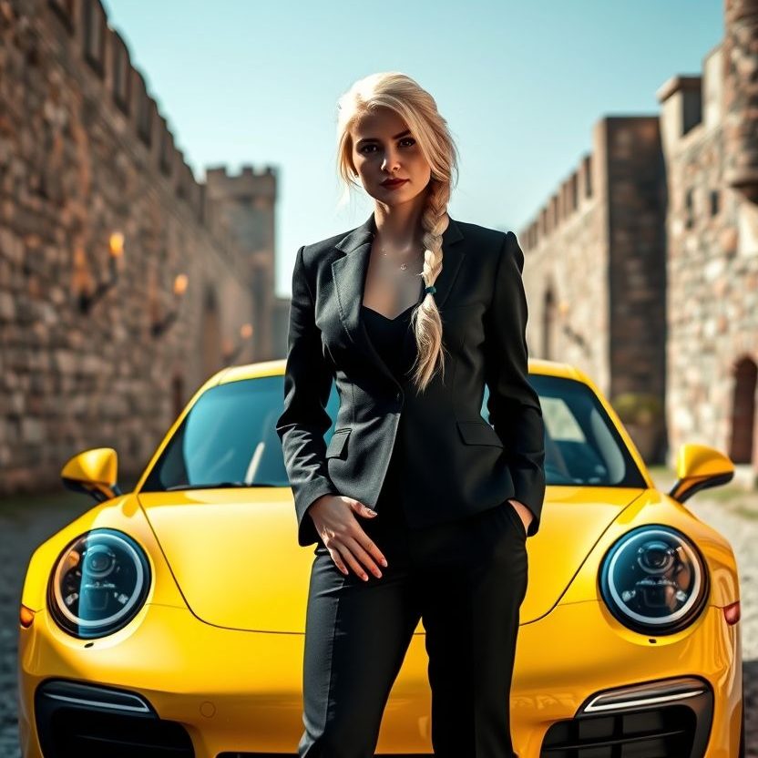 Woman in a white suit stands confidently in front of a pink sports car near a castle.