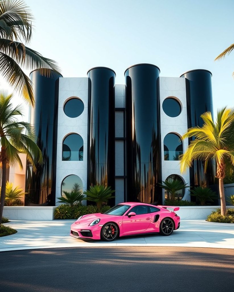 A bright pink sports car parked in front of a modern black and white real estate with palm trees.