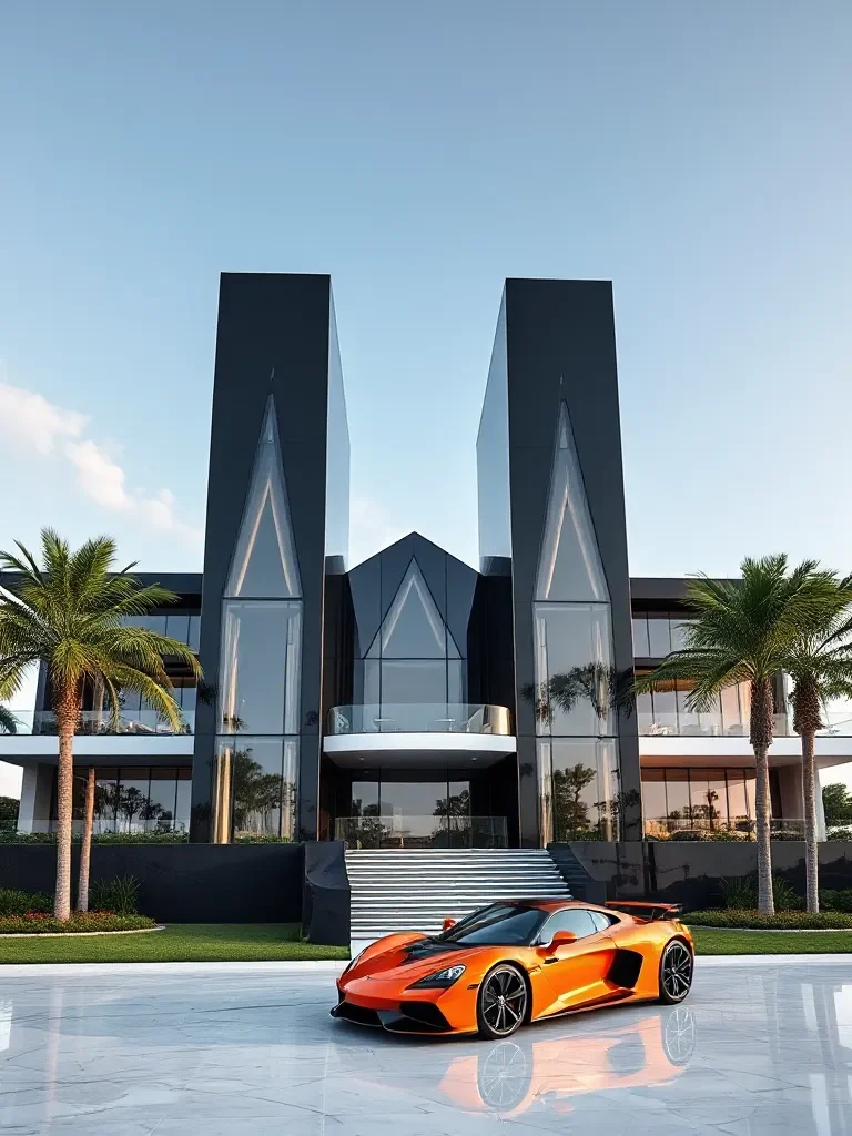 Modern seaside mansion with unique architecture and a large pool surrounded by palm trees.