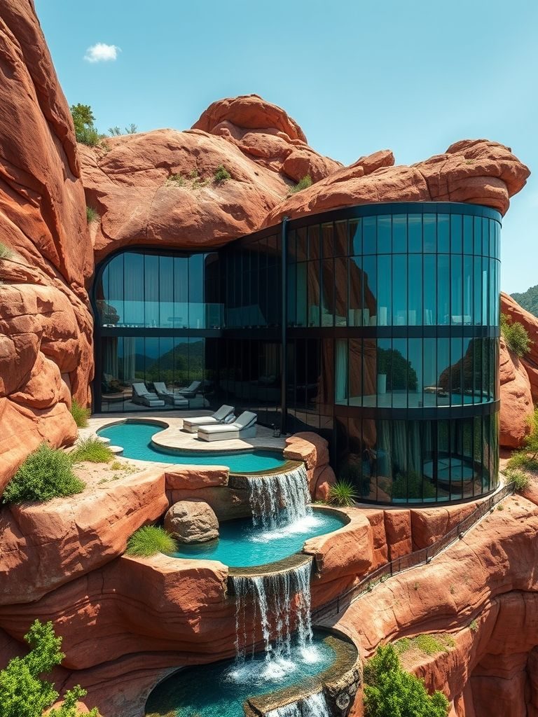 Modern home built into red rock formations, featuring large glass windows and waterfalls.