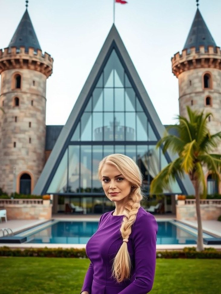 A woman with long blonde hair stands in front of a castle-like building with a glass facade.
